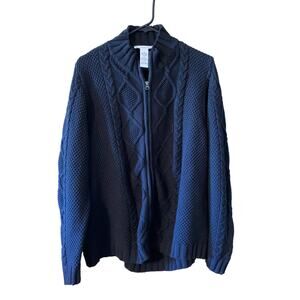 Chaus Black Full Zip XL 100% Cotton Cable Knit Sweater Granny Core